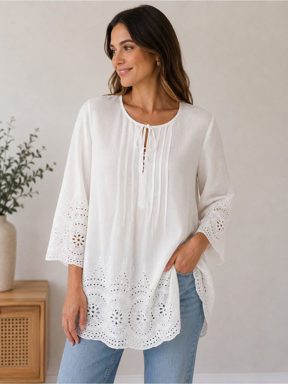 Rose & Rhyme White Eyelet Linen Blend Tunic Blouse Large Boho Cottagecore